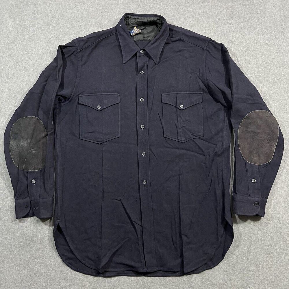 1950s Pendleton Trail Shirt Men 16.5 Navy Blue Virgin Wool Elbow Patches Pockets